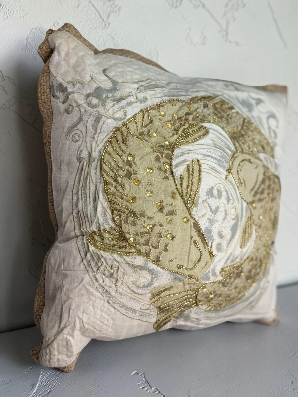 Pier 1 Imports Beaded Koi Fish Decorative Throw Pillow 18x18 Cream Gold Multi